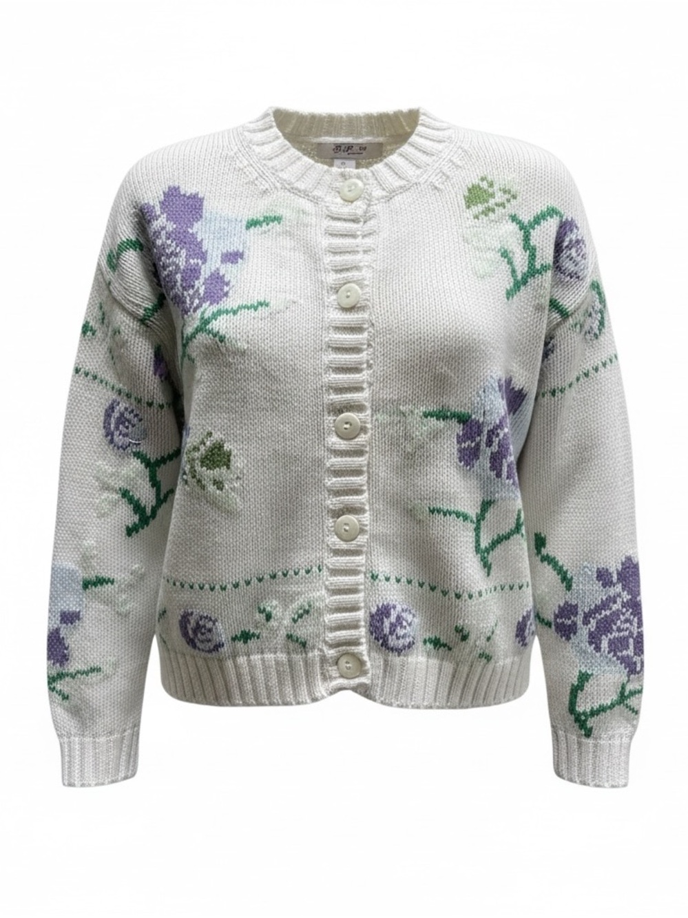 Cambridge Dry Goods Cream Cardigan with Lavender Vintage Floral Knit L